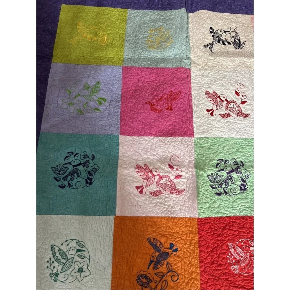 handmade embroidered vintage quilt throw blanket Hummingbirds 53.5